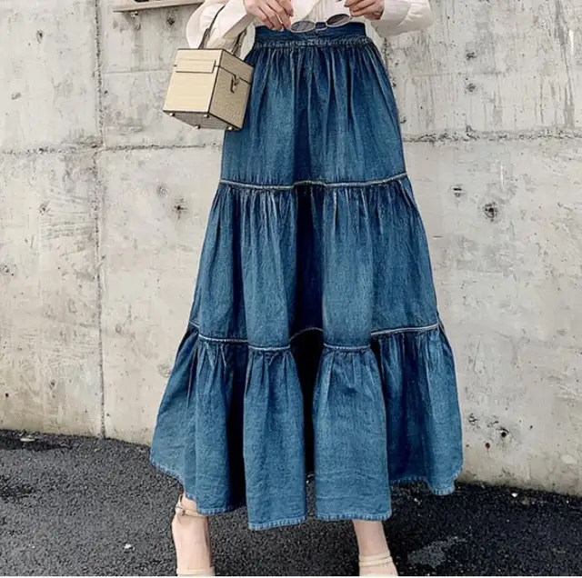 2021 Summer Vintage Smocked Denim Ball Gown Skirt Women Elastic  