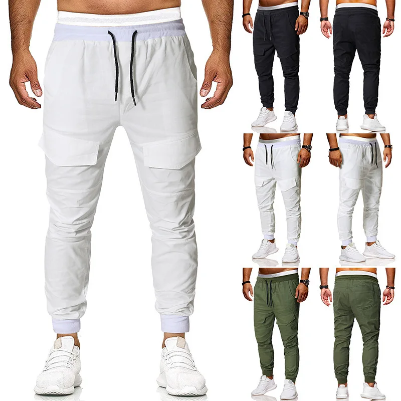 

Autumn New Style Ouma Men Solid Color String Belt Beam Leg Casual Pants Men's Pocket Joint Trousers