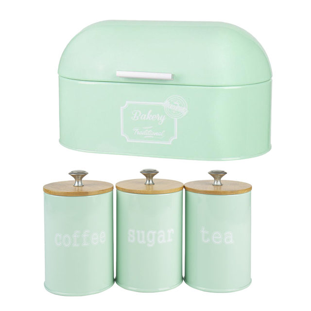 Metal Kitchen Bread Bin with Hinged Lid and 3 Pack Canister set with Airtight Lid - Mint Green