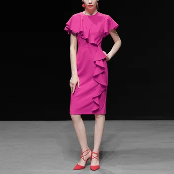 

Seifrmann Summer Fashion Runway Designer Dress Women Solid Short sleeve Ruffles Slim Bohemian Ladies Holiday Party Midi Dress