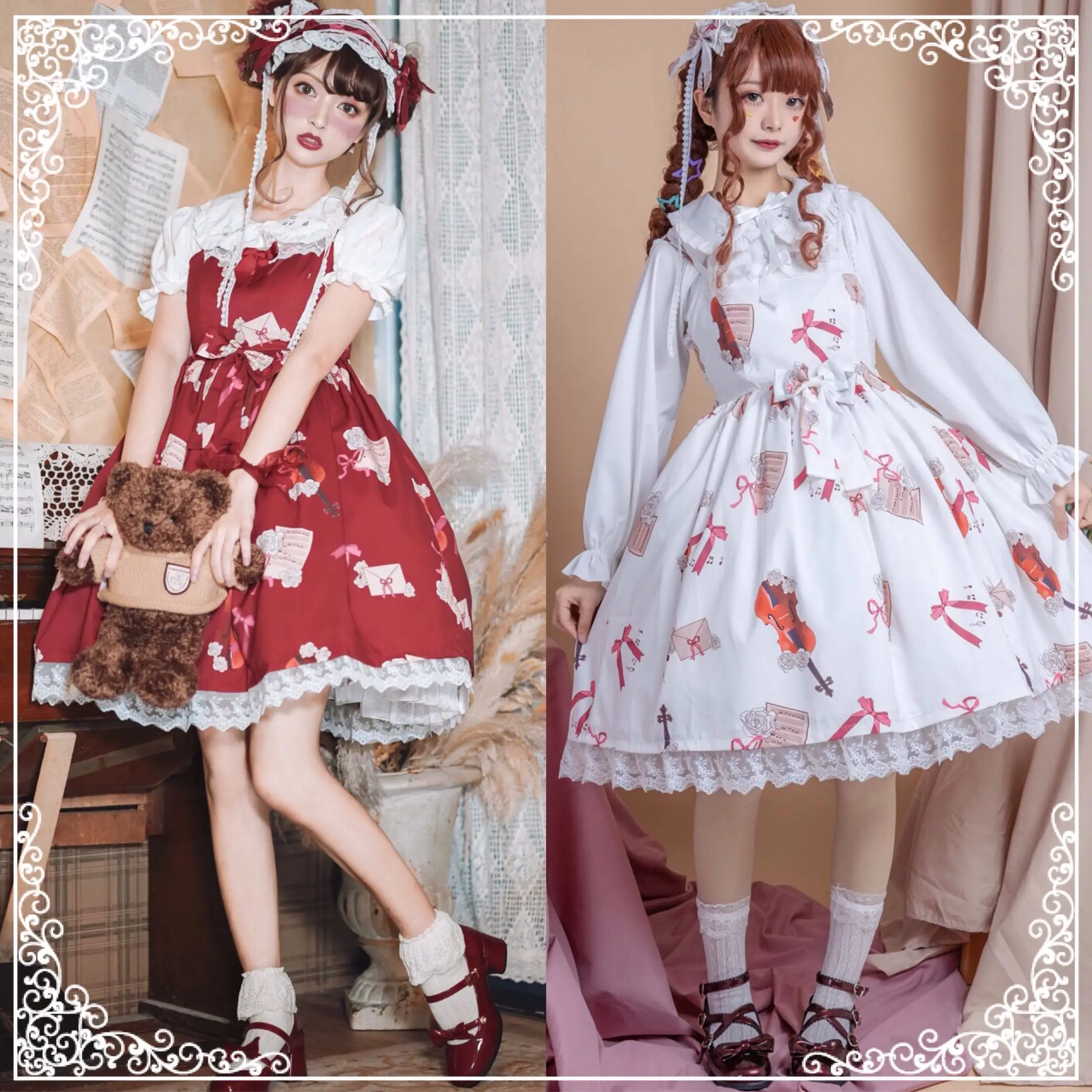 

Japanese sweet lolita dress sweet lolita dress vintage lace bowknot cute printing high waist victorian dress kawaii girl jsk cos
