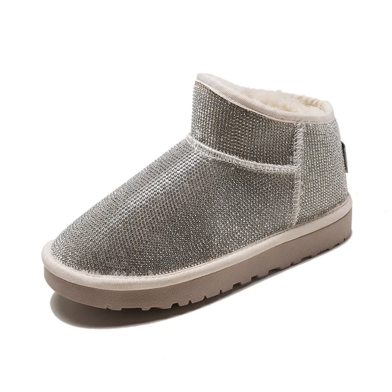 

B3 Size 35-40 Teenager Girls Shinning Crystals Snow Boots Female Fashion Slip-on Ankle Boot Woman Flat Heels Shoes Women Shoe