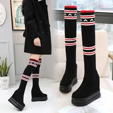 autumn new elastic stockings boots women 12 cm height increase over knee boots fashion flat bottom knit platform high boots