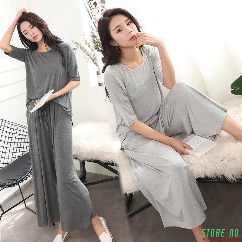 

Summer Spring Women Pajamas Two-piece Set Girls Loose Sleepwear Wide Leg Pant Suits Plus Size Cotton Short Sleeve Soft Homewear