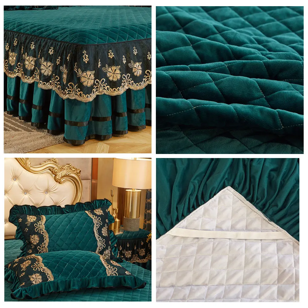 Velvet Red Cotton Quilted Lace Bedspread Ruffle Bedskirt King Size Coverlet Soft Full Queen Double Bed Cover Pillowcase