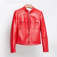 Aliexpress - Spring New Red 100% Genuine Leather Women’s Short Sheepskin Vertical Collar Slim Fitting Jacket Round Neck Long Sleeves Coat