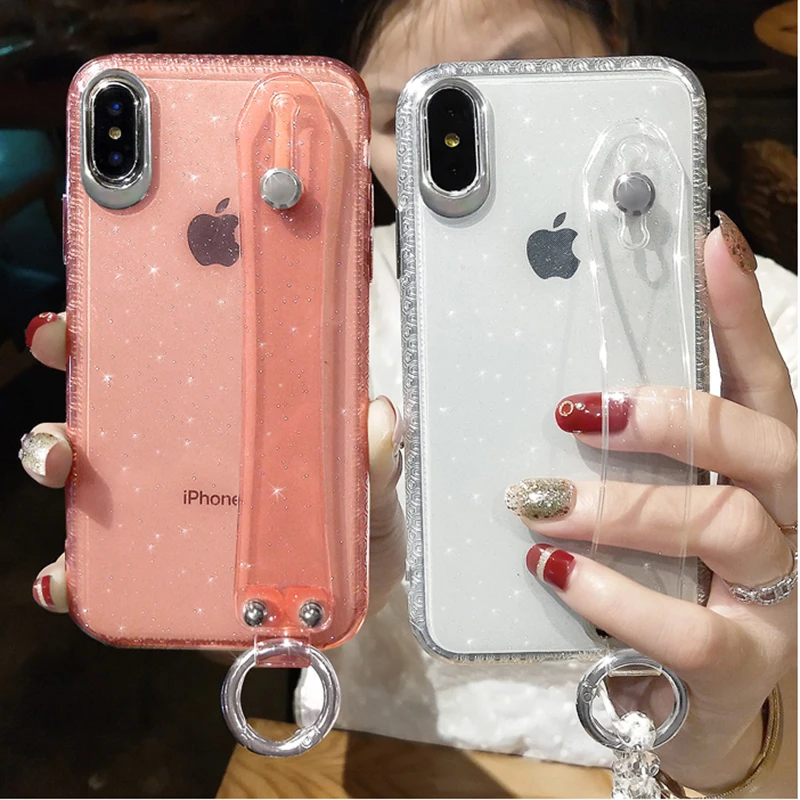 

Glitter Powder Phone Case For iPhone 11 X XR XS Max 8 7 Plus 6 6S Plus Shining Transparent Soft Silicone Wrist Strap Back Cover