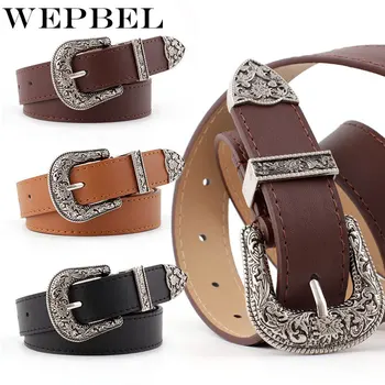 

WEPBEL Women Belt Faux Leather Vintage Western Cowgirl Waist Metal Buckle Waistband Belts for Women