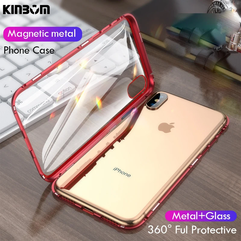 

KINBOM Magnetic Adsorption Metal Case For iPhone 8 6 7 Case for iphone XR XS MAX X Plus 8 Plus Tempered Glass Back Magnet Cover