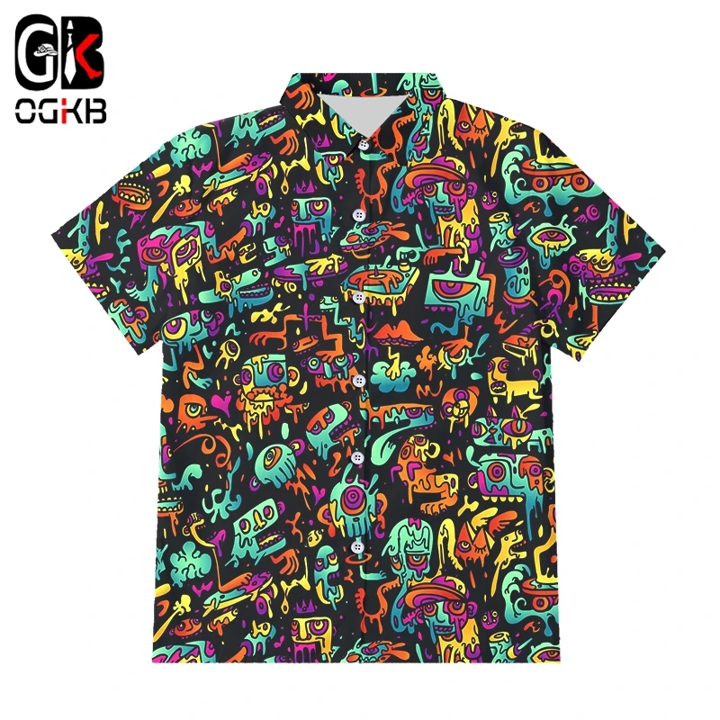 OGKB 3D Funny Psychedelic Print Button Shirts Hipster Casual Abstract Hoody Anime Graffiti Short Sleeve Shirt Streetwear