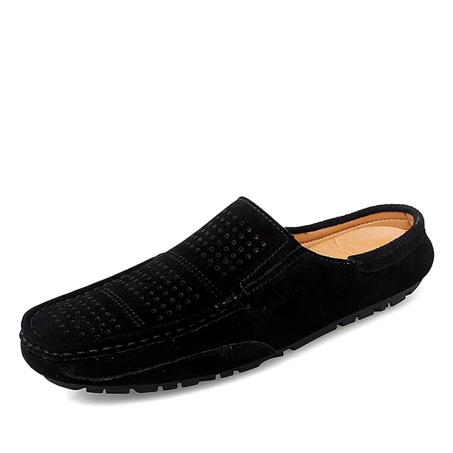 Man Summer Fashion Pig Skin Casual Half Shoe Male Breathable Soft Backless Half Loafers Hombre Open Back Leather Comfy Mocassins Black with holes