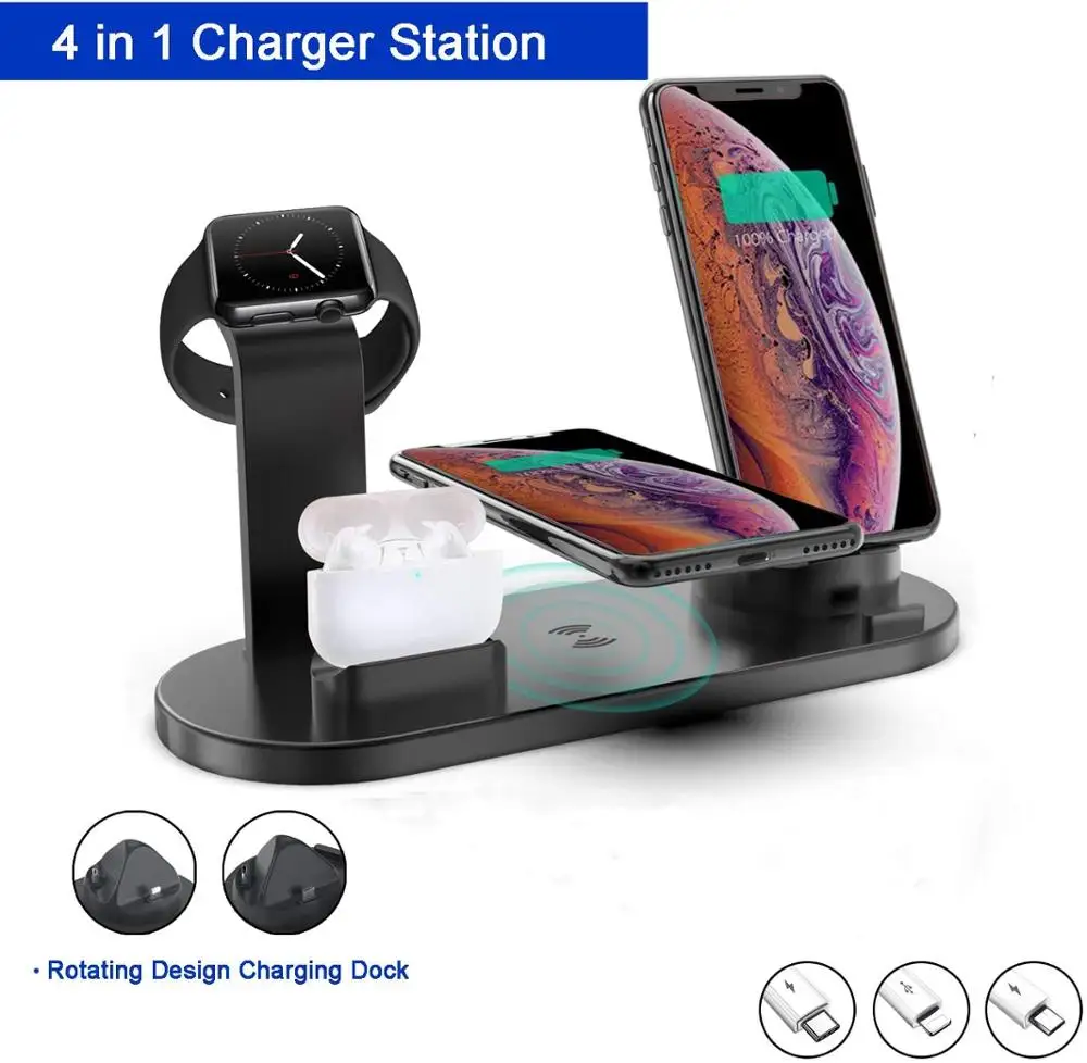 4 in 1 Wireless Charging Dock Desk Desktop Charger Station for Multiple Devices for Apple Watch Airpods iPhone Micro Type-C USB