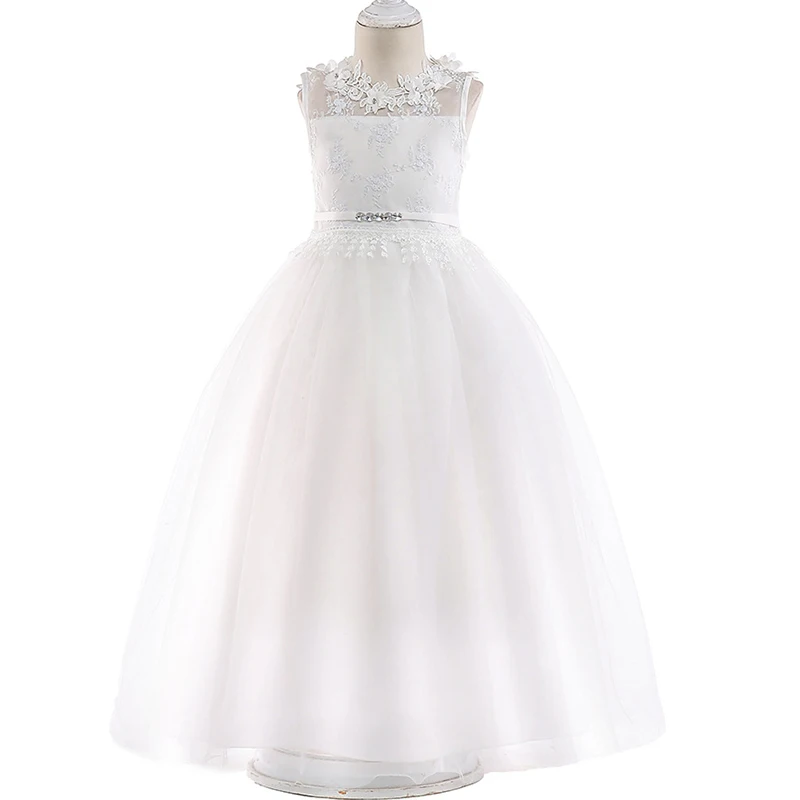 White Girls Wedding Bridesmaid Dress Kids Birthday Gown Lace Princess Party Floral Flowers Evening Children Clothing 10 12 13 Y