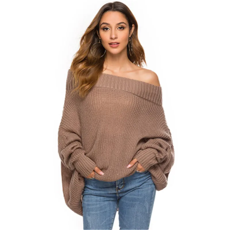 

Women Autumn Sweater Sexy Off Shoulder Batwing Sleeve Loose Knitted Sweater Femme Long Sleeve Solid Casual Pullover sweter mujer