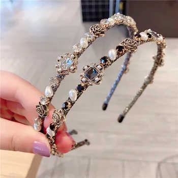 

Fashion Women Crystal Pearl Headband Shiny Metal Rose Flower Hairband Hair Band Jewelry Female Rhinestone Headwear Hair Hoop