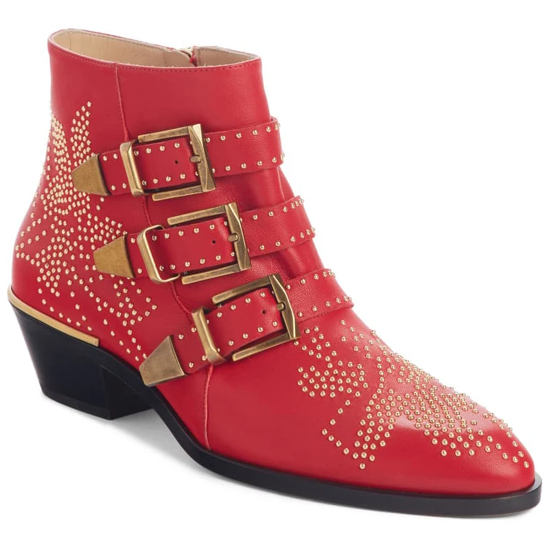 

Genuine Cow Leather Shoes Woman Spring/Autumn Winter Ankle Motorcycle Boots Susanna Stud Buckle Bootie Pigskin Zip Size 40