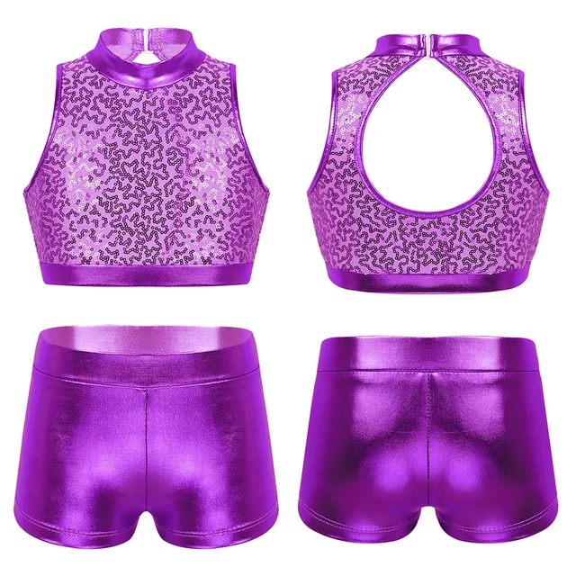 Sequins Kids Girls Jazz Dance Costumes Ballet Gymnastics Leotard Shorts Set for Birthday Gift Ballet Class Performance Clothes Purple