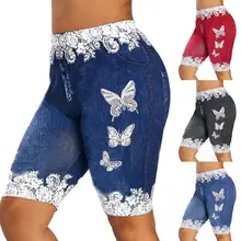 

2022NEW Plus Size Denim Shorts Women Lace Patchwork Butterfly Print Bodycon Shorts Elastic Skinny Denim Shorts for Women short