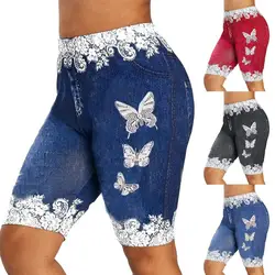 Mais tamanho denim shorts feminina rendas retalhos borboleta impressão bodycon shorts elástico magro denim shorts para mulher curto feminino