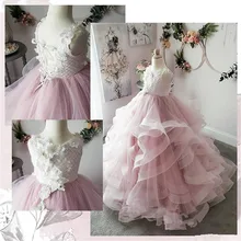 Платья для девочек, держащих букет невесты на свадьбе; элегантное розовое кружевное платье без рукавов с аппликацией; Детские пышные платья для свадьбы; платья для первого причастия