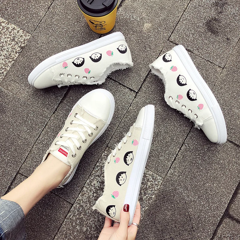 

White Shoes Women's 2019 Summer New Style Korean-style Flat Low Top Lace-up WOMEN'S Shoes Cartoon Students Casual Canvas Shoes