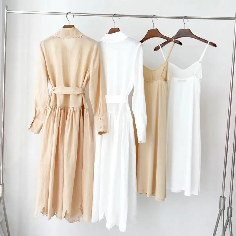 100% Ramie Womens Autumn New Turn-down Collar Single-breasted Wear a belt Fashion Dress