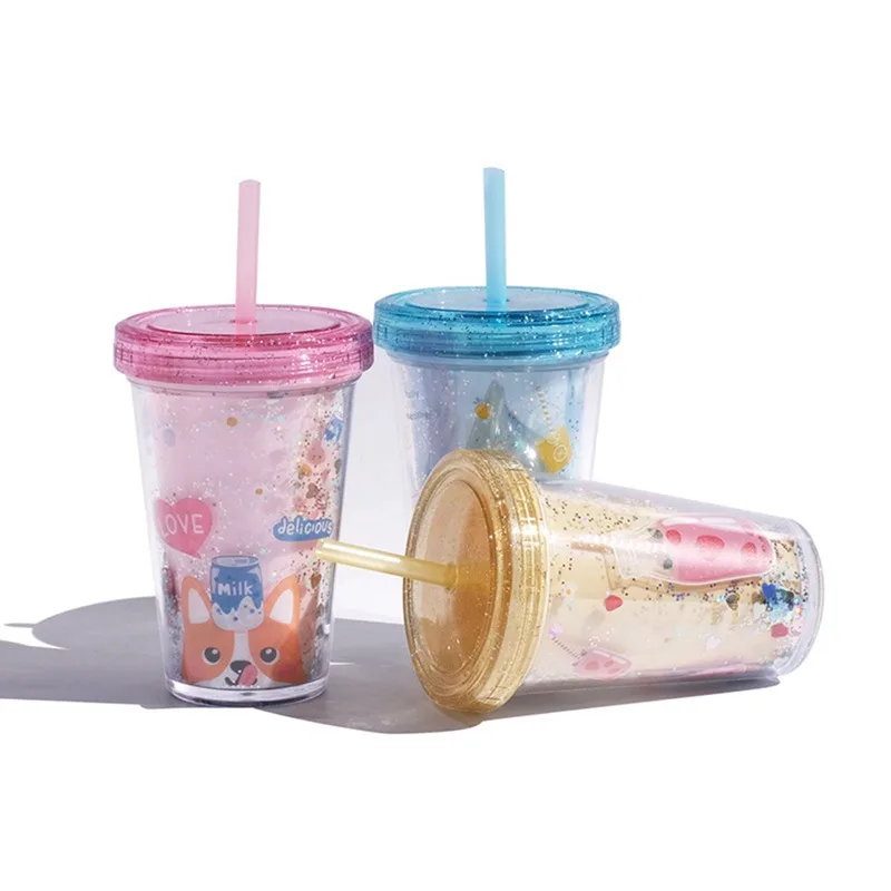Straw Cup Plastic Food Grade Material with Glitter Powder Decorative Cute Durable Portable Double Wall Water Bottle | Дом и сад
