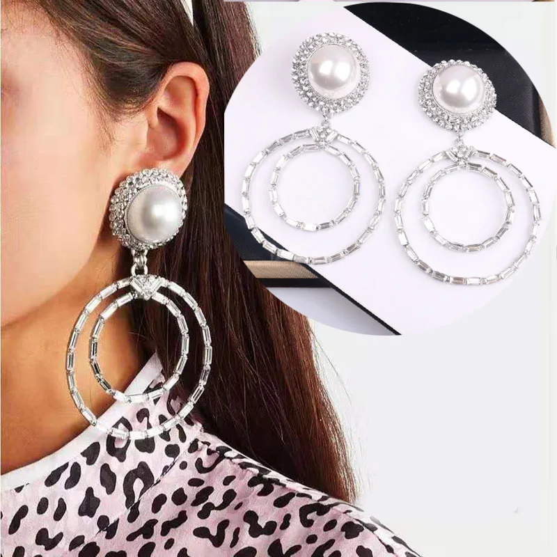 

Fashion Designer Earrings for women luxury Brand Rhinestone Pearl Large Drop Earrings Statement Earrings Wedding Jewelry Gift