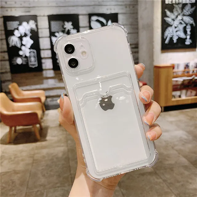 Simple Transparent Silicone Wallet Case for iPhone 12 11 Pro XS Max SE X XR 6 6s 7 8 Plus Shockproof Lens Protection Card Cover 1