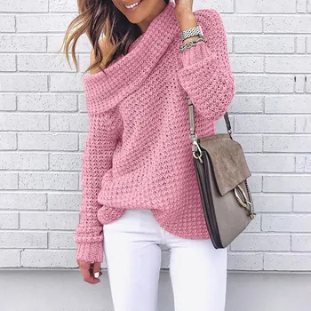 

women pullovers knitwear sweater Shoulder Knitting Pullover Long Sleeve Blouse Solid Color Casual Sweater Autumn And Winter Y923