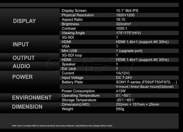 CAME-TV A11 монитор камеры Full HD разрешение 10," 4 K HDMI 3G-SDI