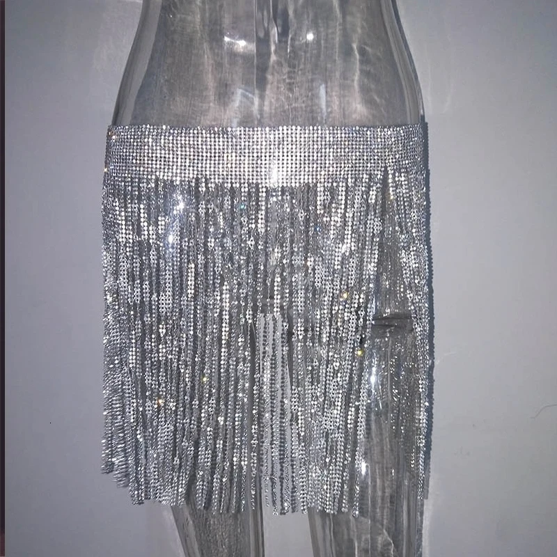 Блестящая золотая Бриллиантовая мини-юбка, облегающая юбка из кристаллов с блестками и кисточками, женские вечерние юбки для клуба, наряды для дня рождения