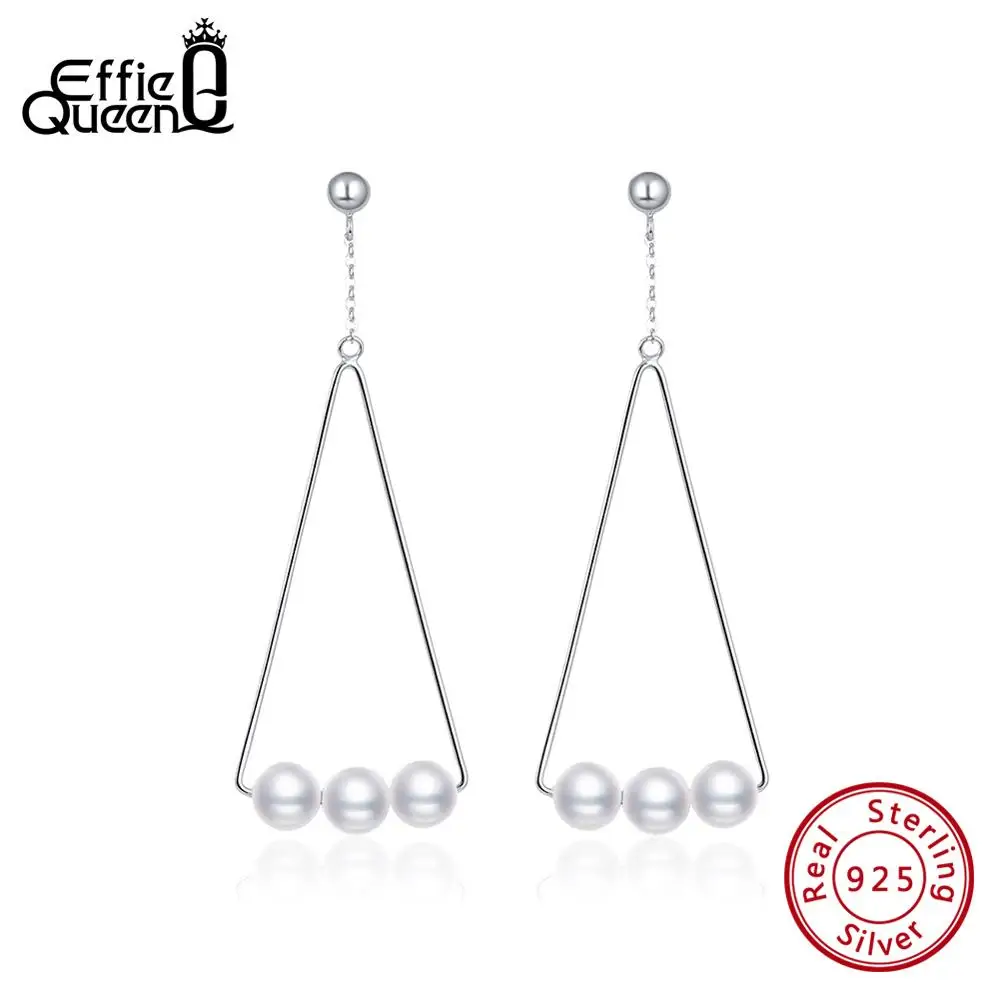 

Effie Queen 925 Sterling Silver Earrings Triangle Design With Pearl Long Drop Earrings For Party Jewelry Women Gift TSE152-P