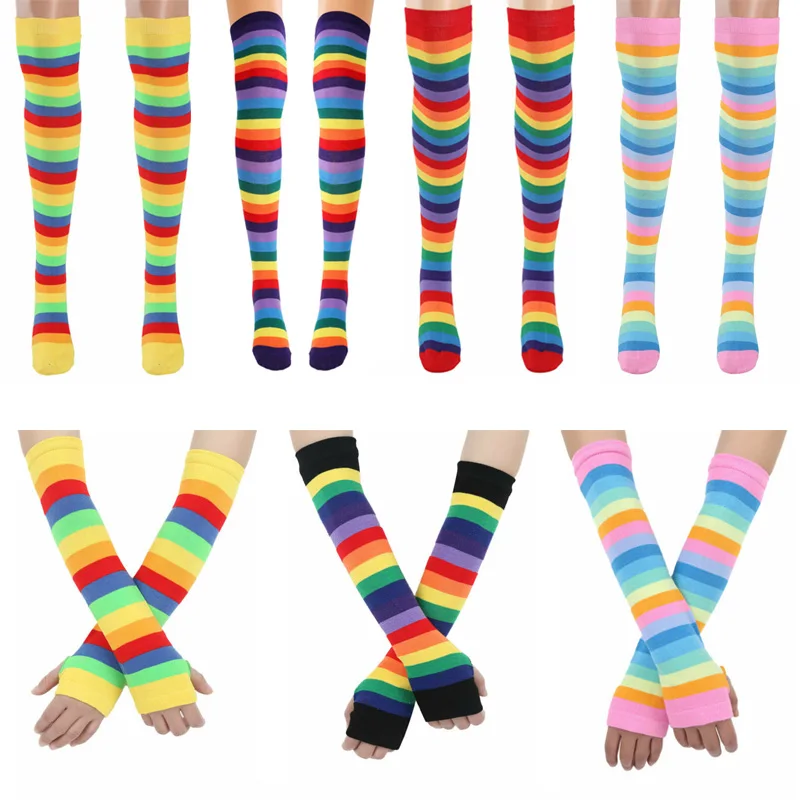 

Women Girls Colorful Rainbow Stripe Knee Thigh High Socks/Arm Warmer Gloves for Halloween Costume Party Cosplay Performance