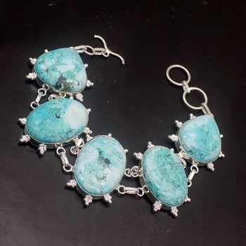 

Unique Natural Green Turquoisee 925 Sterling Silver Color Chain Links Bracelet 8.75 inch H480