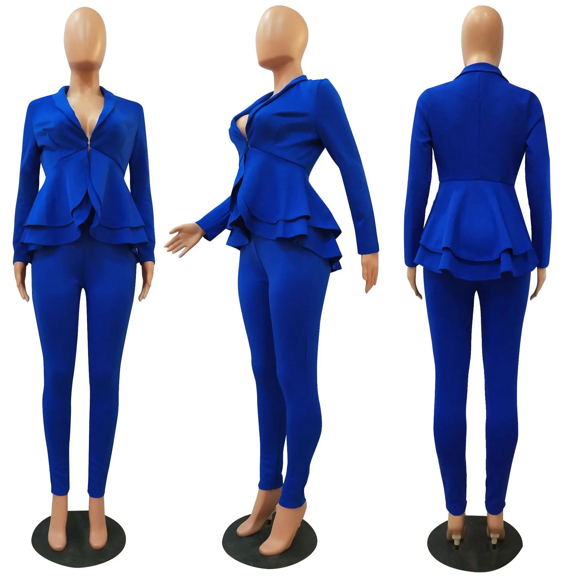 Adogirl Мода рюшами Подводное повседневное комплект из двух предметов сплошной V образным вырезом с длинным рукавом Блейзер Пальто узкие брюки офисные леди бизнес костюмы