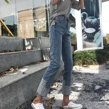 

High waist stretch ankle-length pants light color straight women jeans