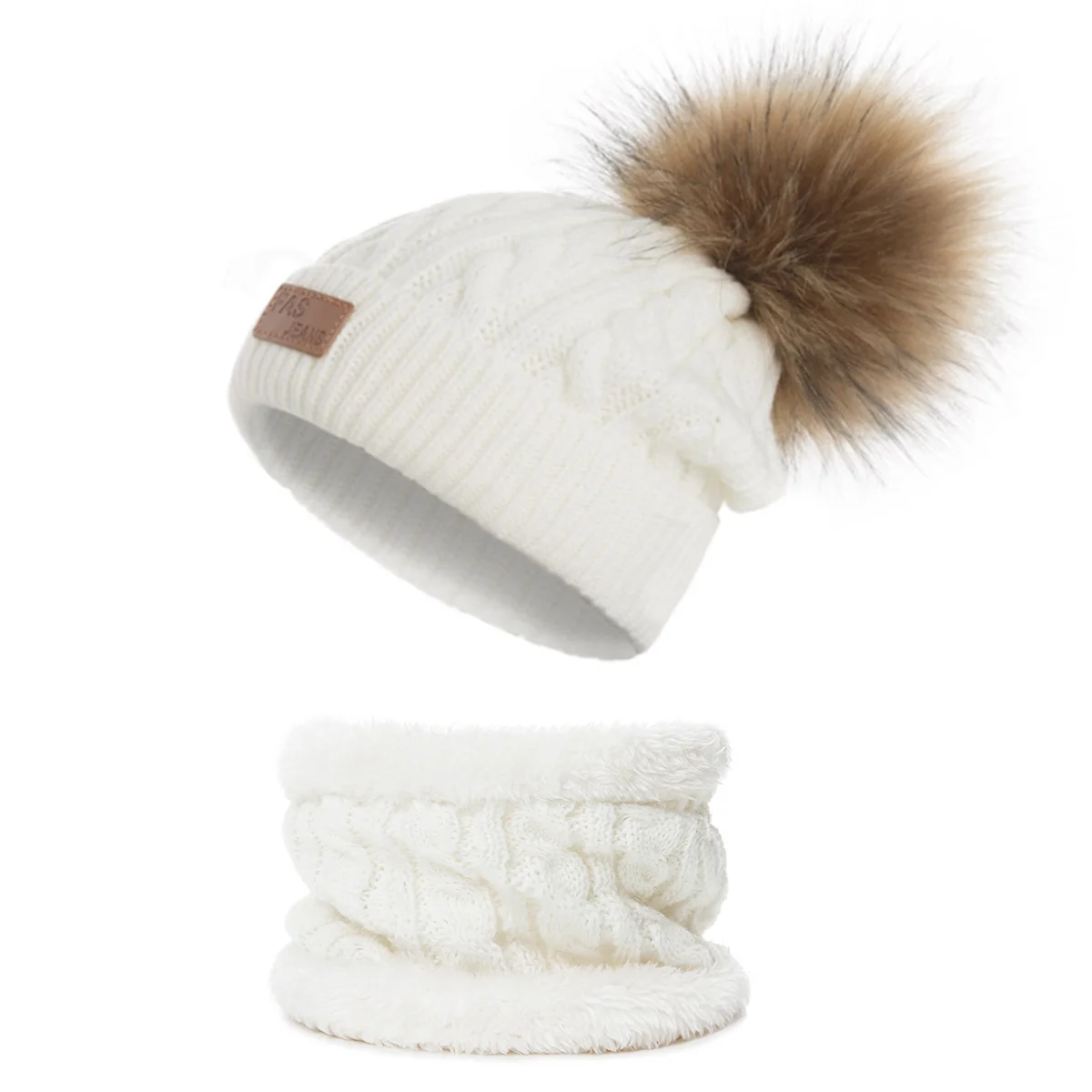 Новая детская зимняя шапка и шарф, набор, вязаное кольцо для шляпы, шарф, теплая шерстяная одноцветная плотная бархатная шапка, От 1 до 3 лет, 2 шт