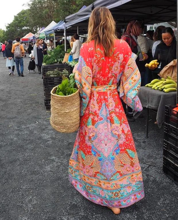 Винтажное шикарное женское Красное Цветочное платье с рукавом летучая мышь пляжное платье в богемном стиле кимоно женское платье с v-образным вырезом и поясом Boho maxi vestidos