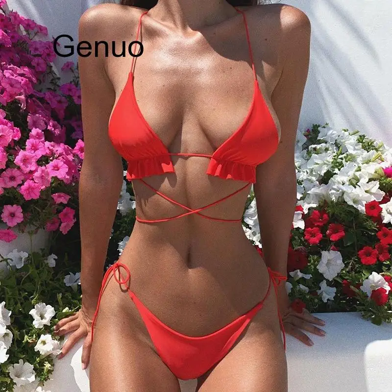 

Sexy String Micro Bikini Set 2020 Ruffles Swimsuit Female Neon Green Bikinis Push Up Swimwear Women Tie Side Bathing Suit