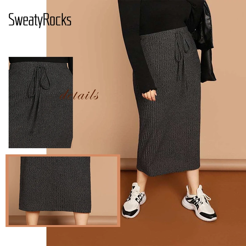 SweatyRocks плюс трикотажная юбка с завязками на талии, одежда для активного отдыха, одноцветные юбки макси, Осенние повседневные женские прямые серые юбки