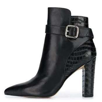 

EPHER Block Heel Boots Croc Emossed Pointed Toe Boots Buckled Ankle Boots