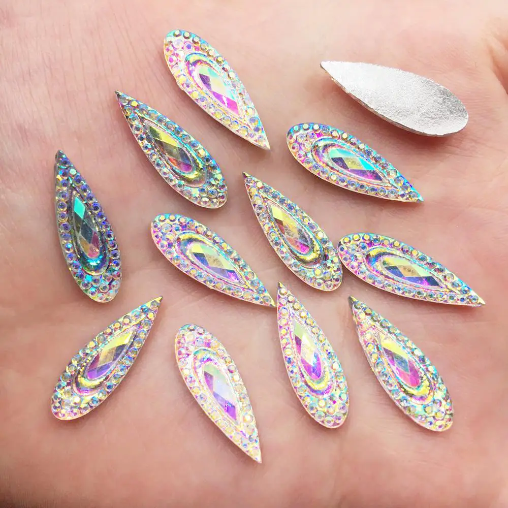 60PCS shiny AB Resin 6*20mm Peacock eye Teardrop Flat back rhinestone scrapbook DIY Wedding applique ornament SF601