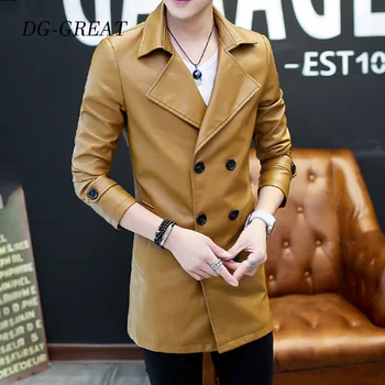 

New Arrival Autumn Spring Mens Faux Leather Mid-length Jackets And Coats Warm Lined Fur Outerwear Hkaki Black Colour