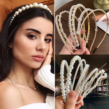 Elegant Simulated Pearl Beads Hairband Hair Accessories 2020 Fashion Width Hair Hoop Headband Hair Bands for Women Wholesale