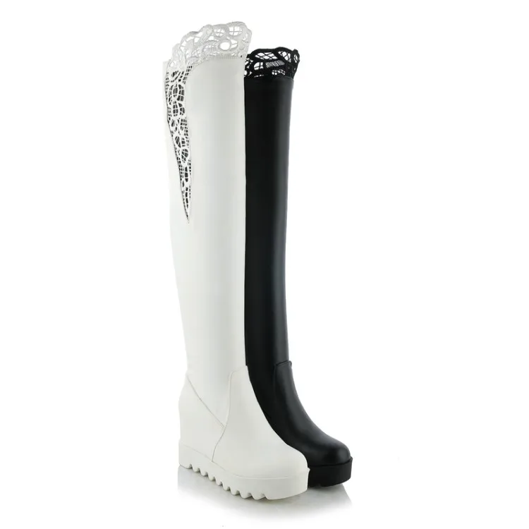 14_Womens Winter Korean Thick Crust Diamond Elegant Wedges Knee High Heeled Knight Boots Sale White Black