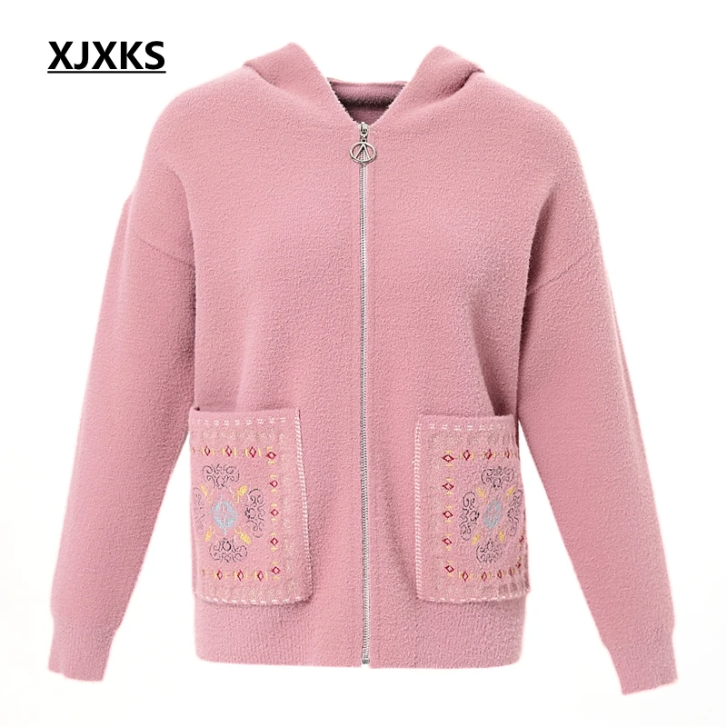 XJXKS Ropa De Mujer Oto O Invierno плюс размер кардиган Повседневный на молнии карманы с капюшоном с длинным рукавом женский свитер пальто