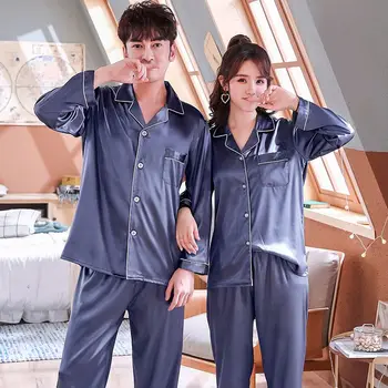 

Couple Ice Silk Pajamas Suit Short-sleeved Trousers Casual Suit Home Service Button Cardigan Two-piece