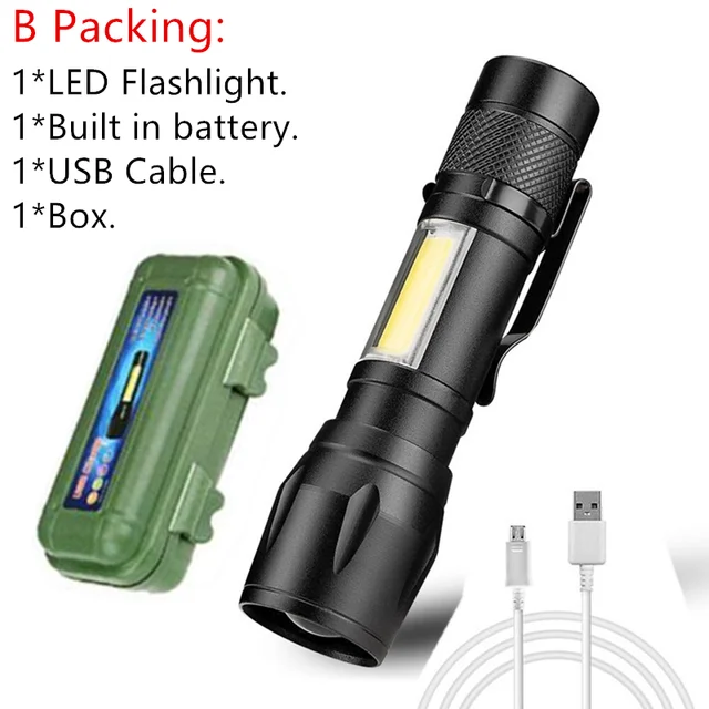 for Camping Hiking Night Fishing Side Light COB Lighting Source LED Torch Tactical Flashlight Portable Pocket Mini Torch USB Rechargeable 8000 Lumens Super Bright 4 Modes Handheld