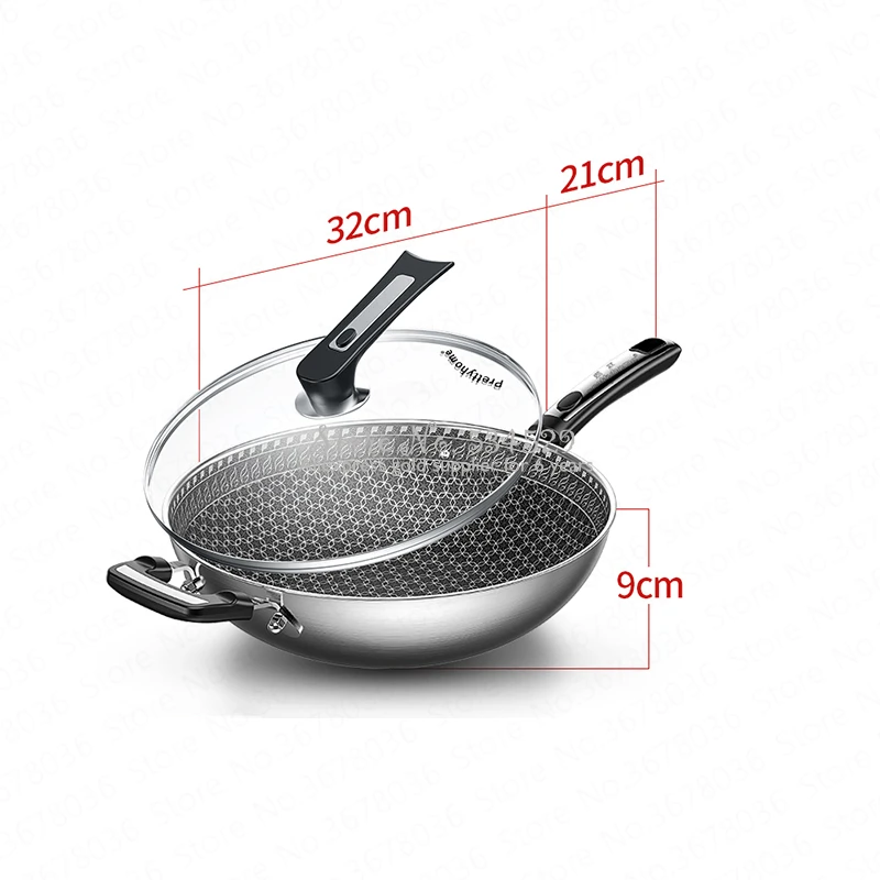 29%Wok non-stick pan 304 stainless steel less smoke multi-function household cooking pot induction cooker gas for wok